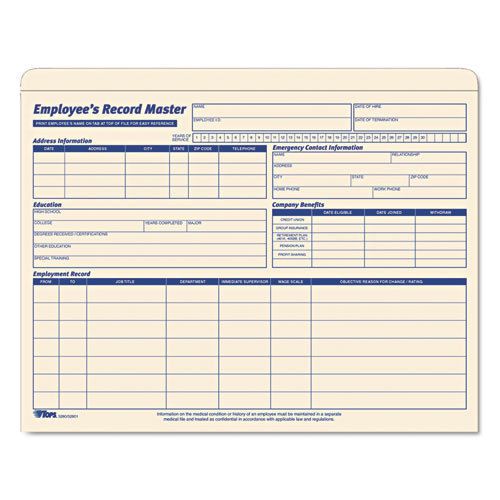 Employee Record Master File Jacket, 9 1/2 x 11 3/4, 10 Point Manila, 20/Pack