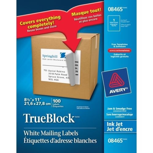 Avery Mailing Label - 8.50&#034; W x 11&#034; L - 100/Box - Inkjet - White