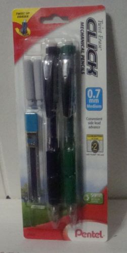 2 * Pentel Twist-Erase Side Click Mechanical Pencils BLACK/GREEN BARRELS 0.7mm