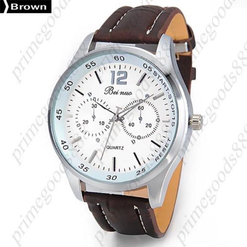 White Face PU Leather Band False Sub Dial Analog Quartz Men&#039;s Wristwatch Brown