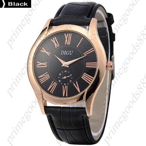 Gold Sub Dial Genuine Leather Quartz Analog Free Shipping Men&#039;s Wristwatch Black