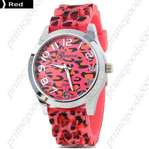 Leopard round case silica gel lady ladies wrist quartz wristwatch women&#039;s red for sale