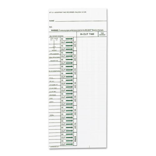 Time Card for Model ATT310 Electronic Totalizing Time Recorder, Weekly, 200/Pack