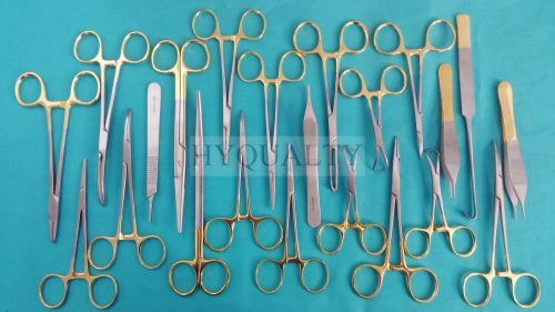 32 PCS GOLD HANDLE PREMIUM GRADE CANINE FELINE SPAY PACK KIT+SCALPEL BLADES #10