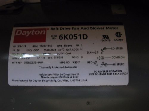 Dayton 6k051d 3/4hp belt drive fan blower motor 230v 1725rpm 1140rpm 2 speed for sale