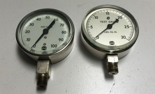 TWO Antique 3&#034; USG UNITED STATES GAUGE &#034;USE NO OIL&#034; 100 &amp; 30 PSI COVERED GAUGES