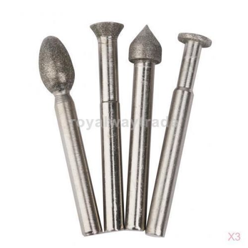 3x 4pcs 6mm Shank Diamond Coated Grinding 10mm Burrs Bits