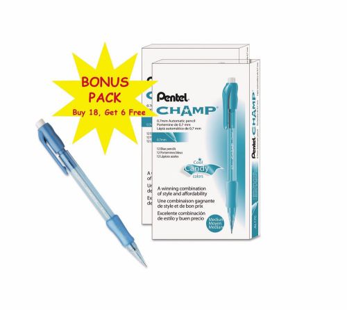 Pentel Champ 0.7 mm Mechanical Pencil Blue Barrel  24 Count Latex-free Grip New