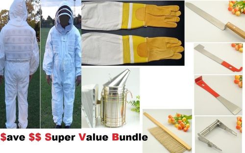 Beekeeping ventilated bee suit gloves smoker hiving tool brush &amp; frame grip for sale