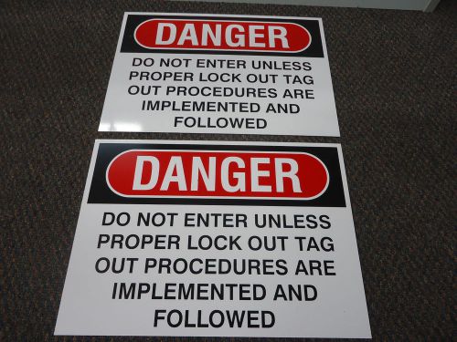 Lot of 2 &#034;danger do not enter unless peoper lock out&#034; hard metal hanging signs for sale