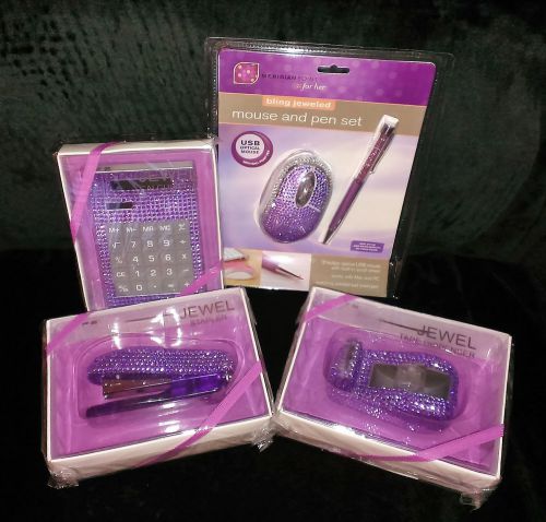 BLING PURPLE RHINESTONE DESK SET CALCULATOR, STAPLER, TAPE DISPENSER, MOUSE, PEN