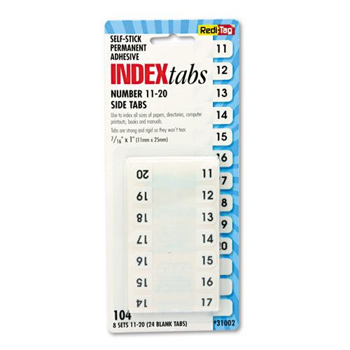 Side-Mount Self-Stick Plastic Index Tabs Nos 11-20, 1 inch, White, 104/Pack