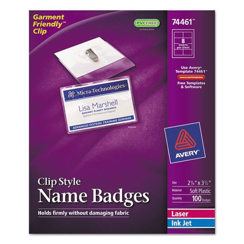 Badge holder kit w/laser/inkjet insert, top load, 2 1/4 x 3 1/2, white, 100/bx for sale