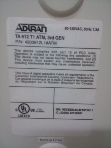 ADTRAN Total Access 612 T1 3rd GEN TA 612 TDM PN: 4203612L1 #ATM