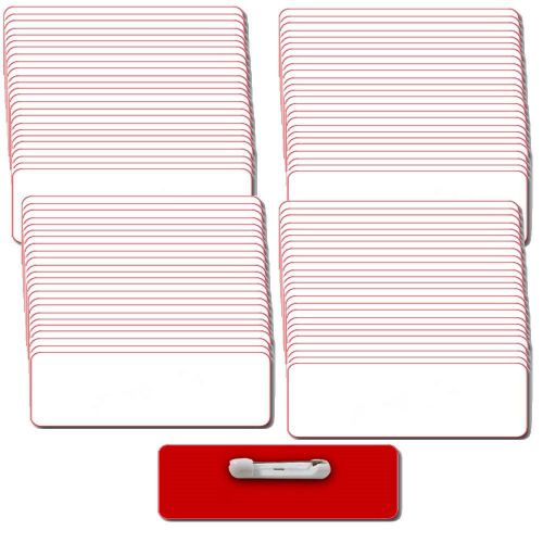 100 BLANK 1 X 3 WHITE / RED NAME BADGES TAGS 1/8&#034; CORNERS &amp; SAFETY PIN BACKS