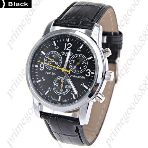 Unisex PU Leather Round Quartz Analog Wrist Sub Dials in Black Free Shipping