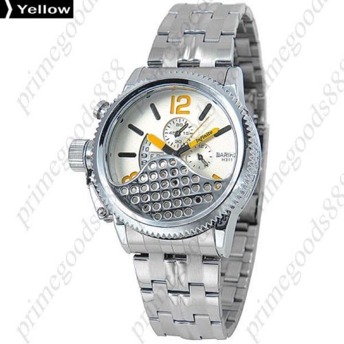 Stainless Steel Band Date Analog Quartz False Sub Dials Men&#039;s Wristwatch Yellow