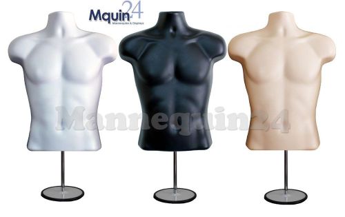 3 PCS- MALE TORSO MANNEQUIN FORMS (WHITE, BLACK, &amp; FLESH)+ Metal Stands &amp; Hooks