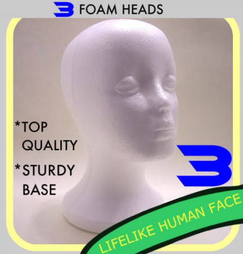 3 FEMALE FOAM STYROFOAM MANNEQUIN HEADS WIG HAT MODEL