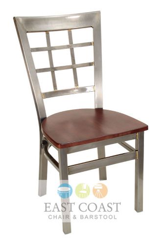 New gladiator clear coat window pane metal restaurant chair w/ walnut wood seat for sale