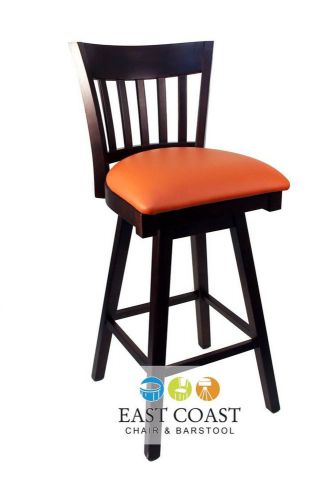 New Gladiator Walnut Vertical Back Wooden Swivel Bar Stool w/ Orange Vinyl Seat