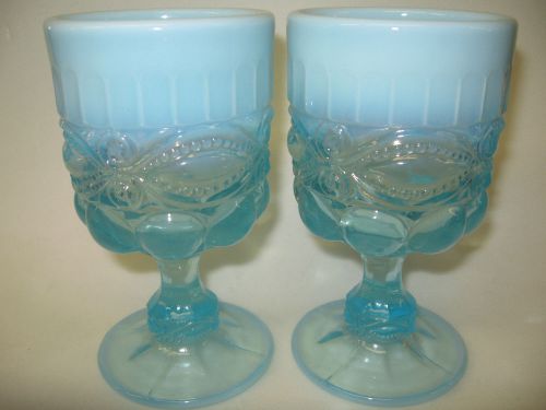 pair of Blue Opalescent glass eyewinker pattern tumblers cups wine goblets aqua