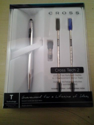 Cross Tech 2 Chrome Ball Point Pen / Stylus  With 2 Ink Refills / Stylus Tops