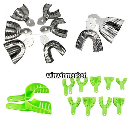 6 pcs Dental Impression Stainless Steel Tray +10pcs Green Dental Impression Tray