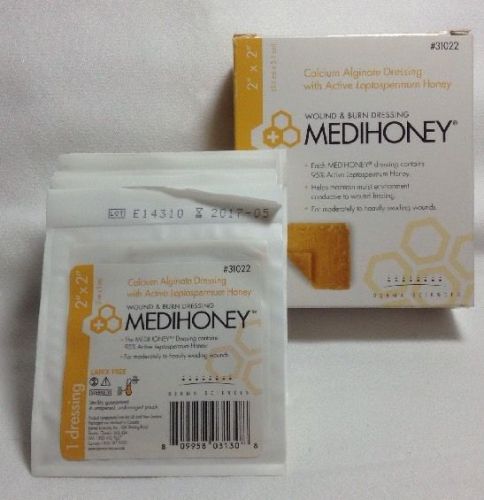 1 New Box Of 10 packs Per Box 2&#034;x2&#034;ea.  Size Medihoney Wound &amp; Burn Dressing