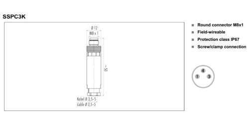 ((4 unit pc.))Record universal male easy assembly with key 3-pin M8 Escha SSPC3K