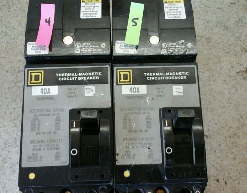 Square D FA26040BC, 40 Amp 2 Pole 600 Volt I Line Circuit Breaker  lot of 2