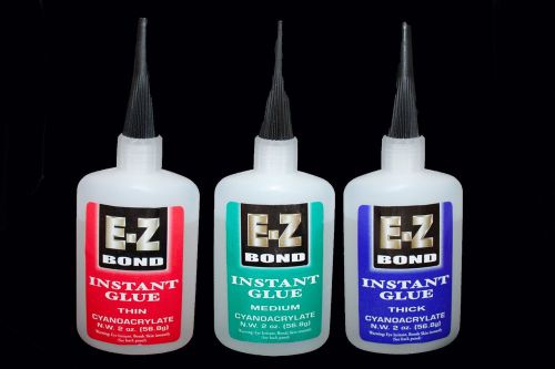 3 BOTTLES E-Z BOND SUPER GLUE (Cyanoacrylate) THIN , MEDIUM , THICK 2 OZ Each