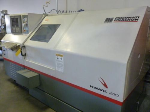 20.86&#034; swg 27.1&#034; cc cincinnati hawk 250 cnc lathe, acramatic 2100, hyd. collet c for sale