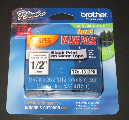 One twin Pack Brother TZe-1312PK  P-Touch  black print on  clear tape - sealed