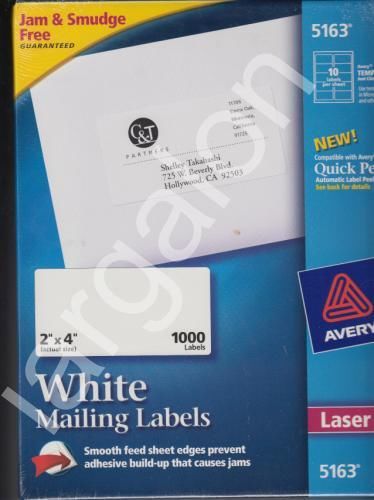 Avery White 2x4 Mailing Labels 5163 Box 1000 Quick Peel NEW Address