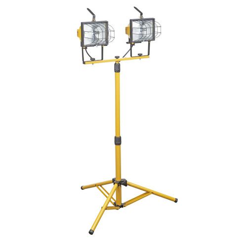 Halogen TWIN Work Light Telescoping Tripod Stand Base Shop Garage Spot Dual Head