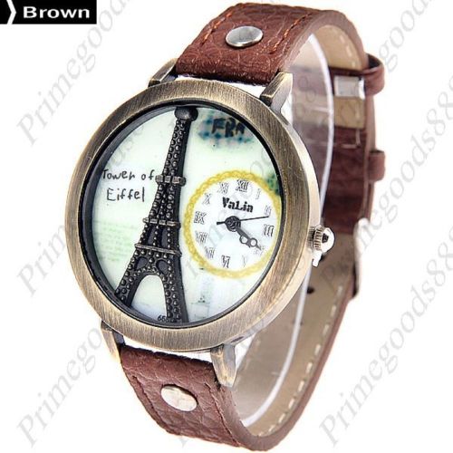 3D Eiffel Tower Round PU Leather Quartz Lady Ladies Wristwatch Women&#039;s Brown