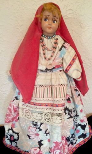 Vtg handmade hard plastic face doll lace apron little red riding hood 20&#034; for sale