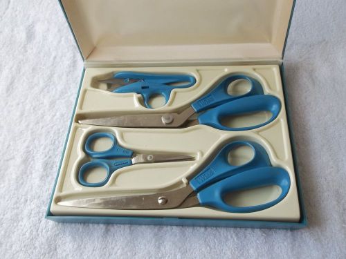 Vintage wiss wissper-lite 4pc scissor set blue handle w/ storage case for sale