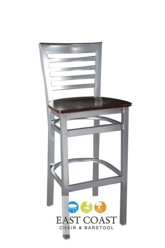 New Gladiator Silver Full Ladder Back Restaurant Bar Stool w/ Walnut Wood Seat