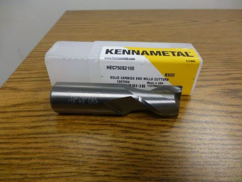 Kennametal Solid Carbide End Mill, HEC750S2100, 2Flt, &#034; 3/4 Dia, 1&#034; LOC, 3&#034; OAL