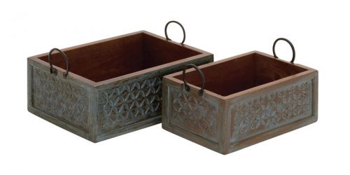 Benzara Unmissable Set Of 2 Wood Carved Organizer 16567 Wood Organizer NEW