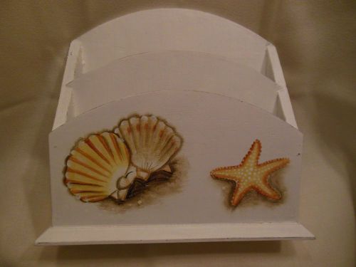 VTG WOODEN LETTER MAIL/BILL HOLDER W/A SEA SHELLS &amp; STAR FISH DESIGN