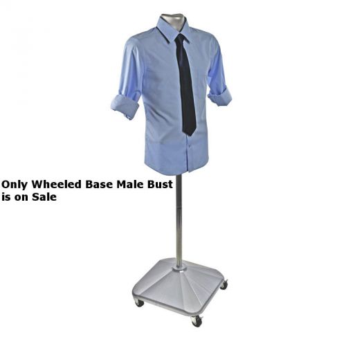 Retail silver plastic male bust on wheeled plastic base 19&#034;w x 5&#034;d x 22.75&#034;h for sale