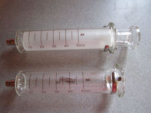 2 VINTAGE GLASS SYRINGES 1 PLUNGER 50 CC B-D MULTIFIT LUER-LOK TIPS