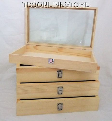 Natural wood glass top multipurpose display case 2.75 in. deep pkg of 4 for sale