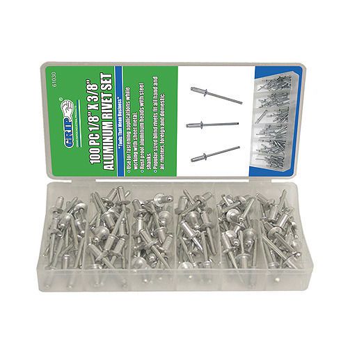 Grip 100pc 1/8&#034; x 3/8&#034; aluminum rivet set rust proof steel shanks assorted 61030 for sale