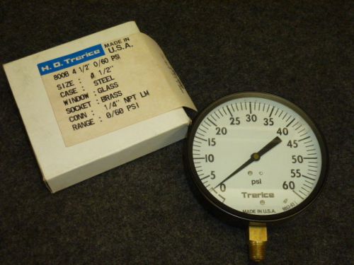 NOS! TRERICE 800B 4-1/2&#034;, 0 TO 60 PSI GAUGE, 1/4&#034; NPT LM, PRESSURE GAUGE