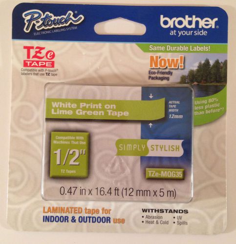 Brother TZEMQG35 TZe Laminated Labeling Tape, 1/2&#034; x 16.4&#039;, White/Lime Green