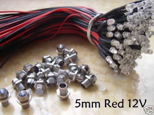 Lot-10 5mm red 12v car,boat suv truck bright led + metal holder bezel, 5hr td for sale